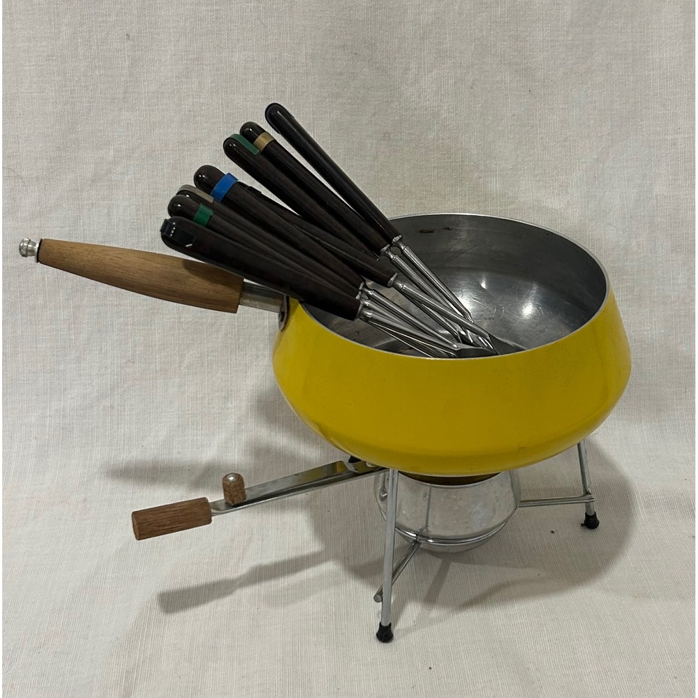 Vintage MCM Yellow Enamel Fondue Pot Set Chrome Stand 8 Color Coded Forks